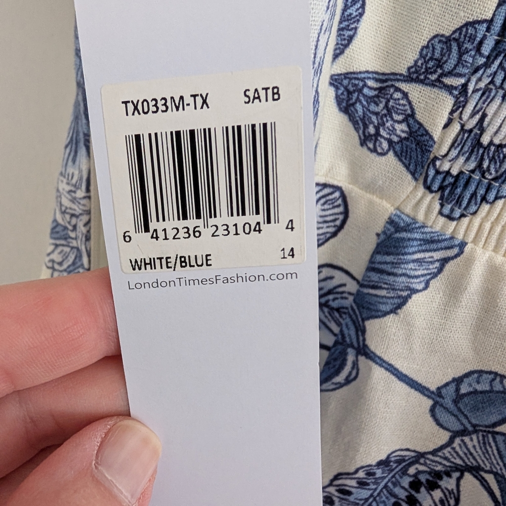 Floral Blue and White Women's Smocked Dress 14 - Picture 6 of 12